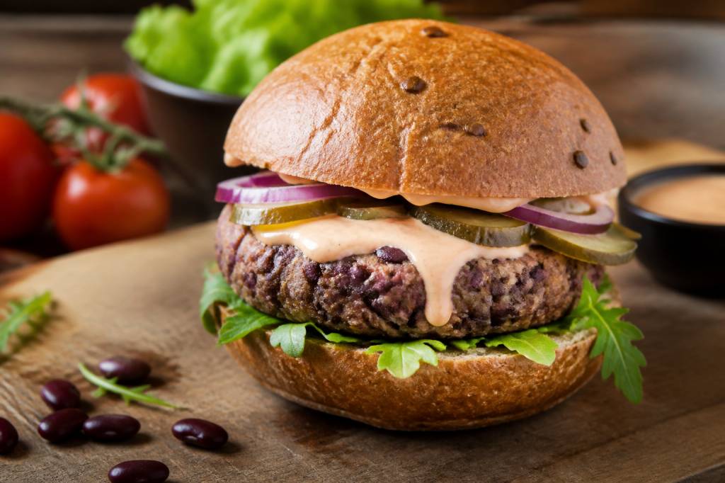 Le burger vegan aux haricots rouges et à la sauce fumée